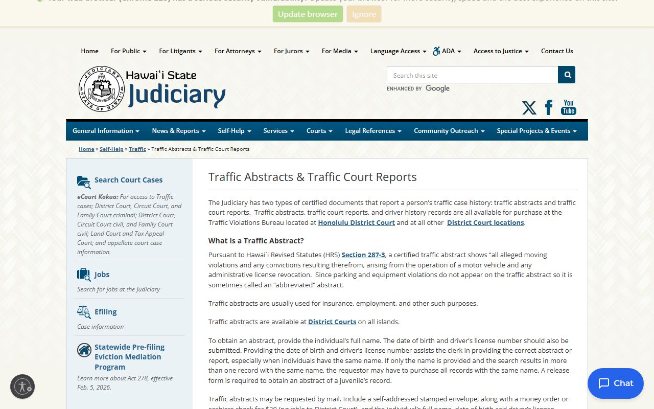 Hawaii State Judiciary traffic abstracts page showing how to order abstracts for Ewa Beach DUI cases