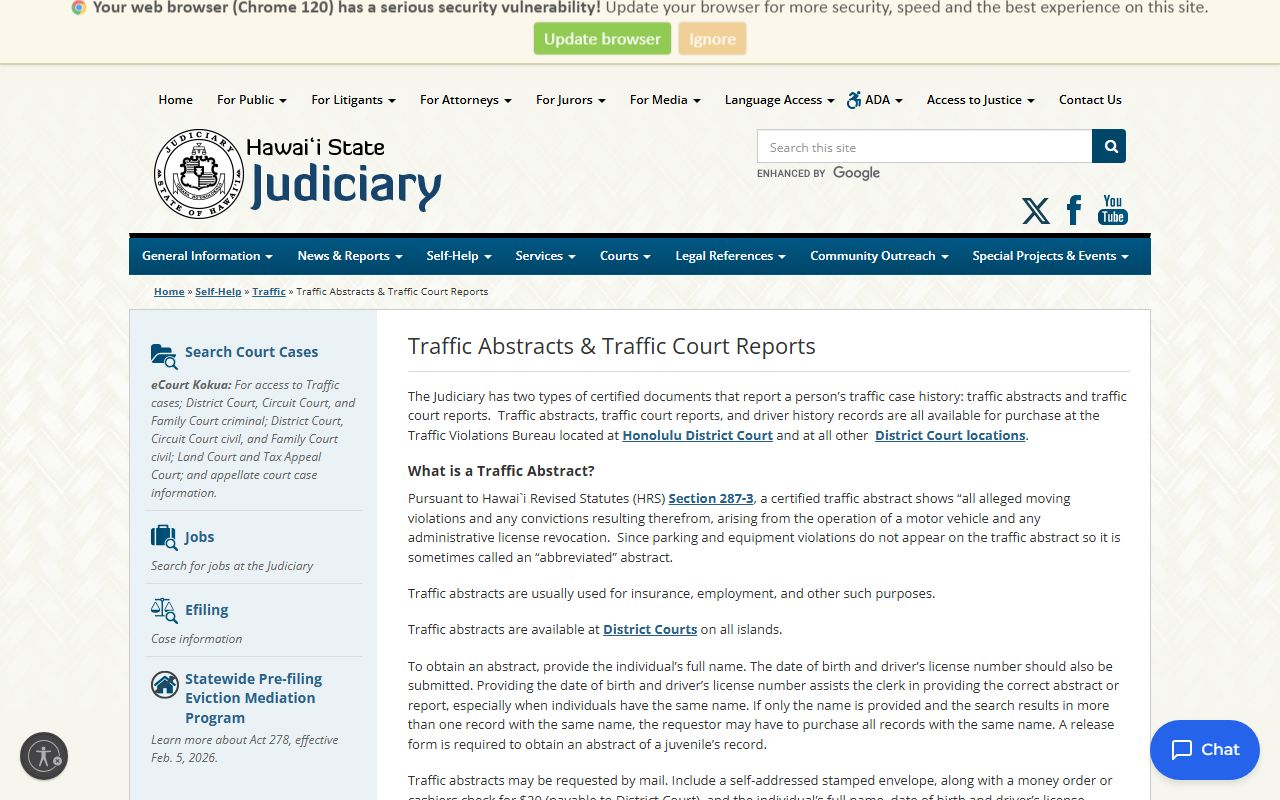 Hawaii State Judiciary traffic abstracts page for Kaneohe District Court serving Kailua