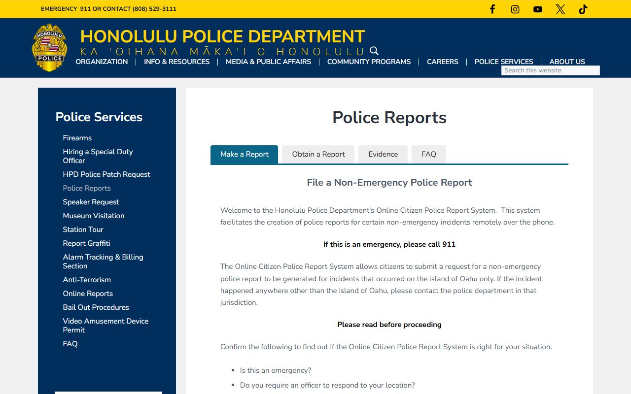 HPD police reports page for Makakilo DUI arrest record requests