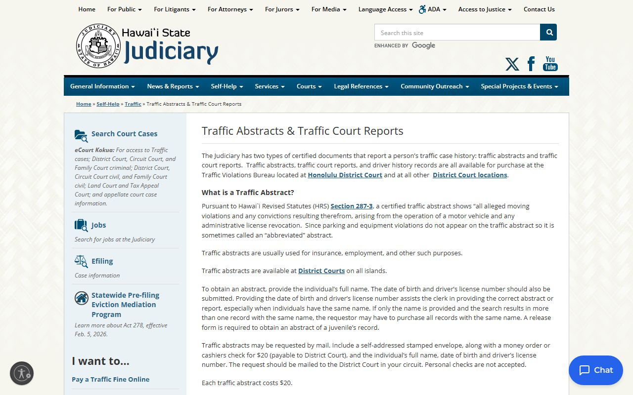 Hawaii State Judiciary traffic abstracts page showing Wahiawa District Court information for Mililani Mauka