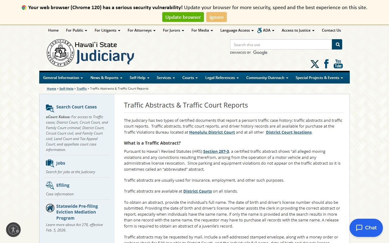 Hawaii State Judiciary traffic abstracts page showing Wahiawa District Court information for Mililani Town DUI records