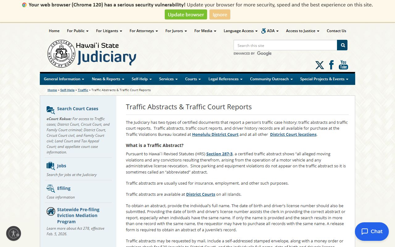 Hawaii State Judiciary traffic abstracts page for Wahiawa District Court DUI records