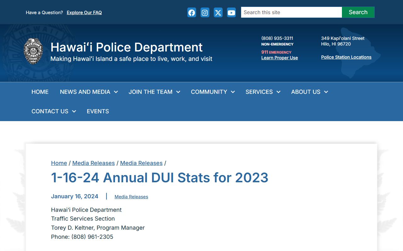 Hawaii County DUI records Hawaii Police Department annual DUI statistics 2023