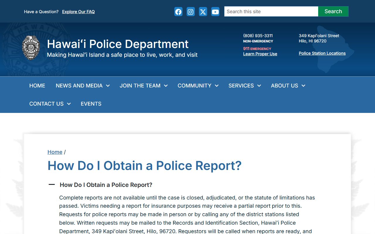 Hawaii County DUI records Hawaii Police Department police report request process