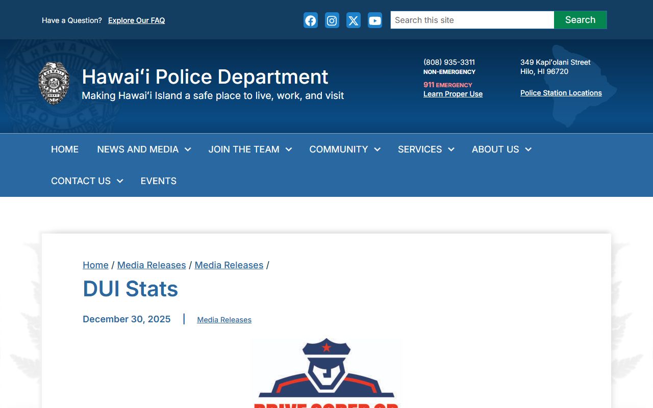 Hawaii County DUI records Hawaii Police Department official statistics page