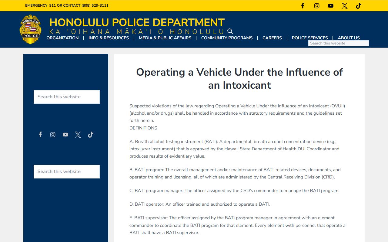 HPD OVUII policy page showing arrest procedures that generate DUI records in Honolulu County