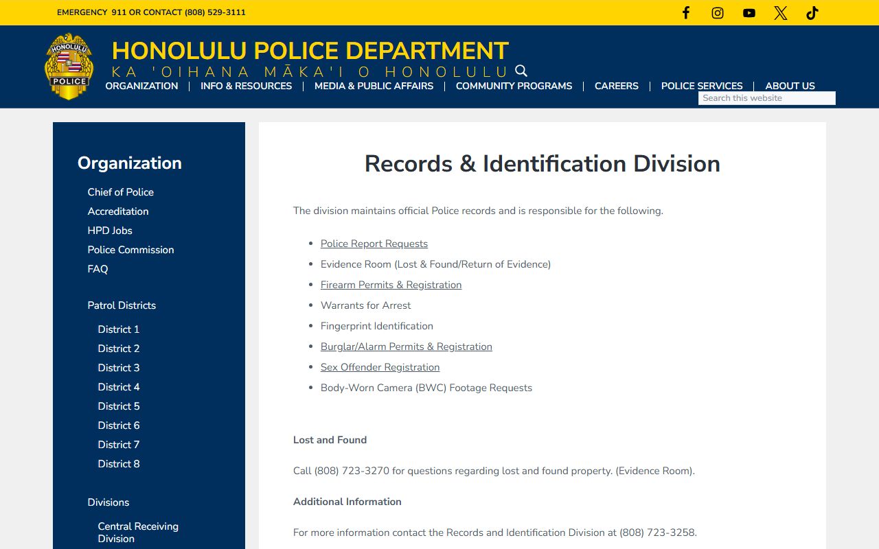 HPD Records Division page showing DUI records request process for Honolulu County