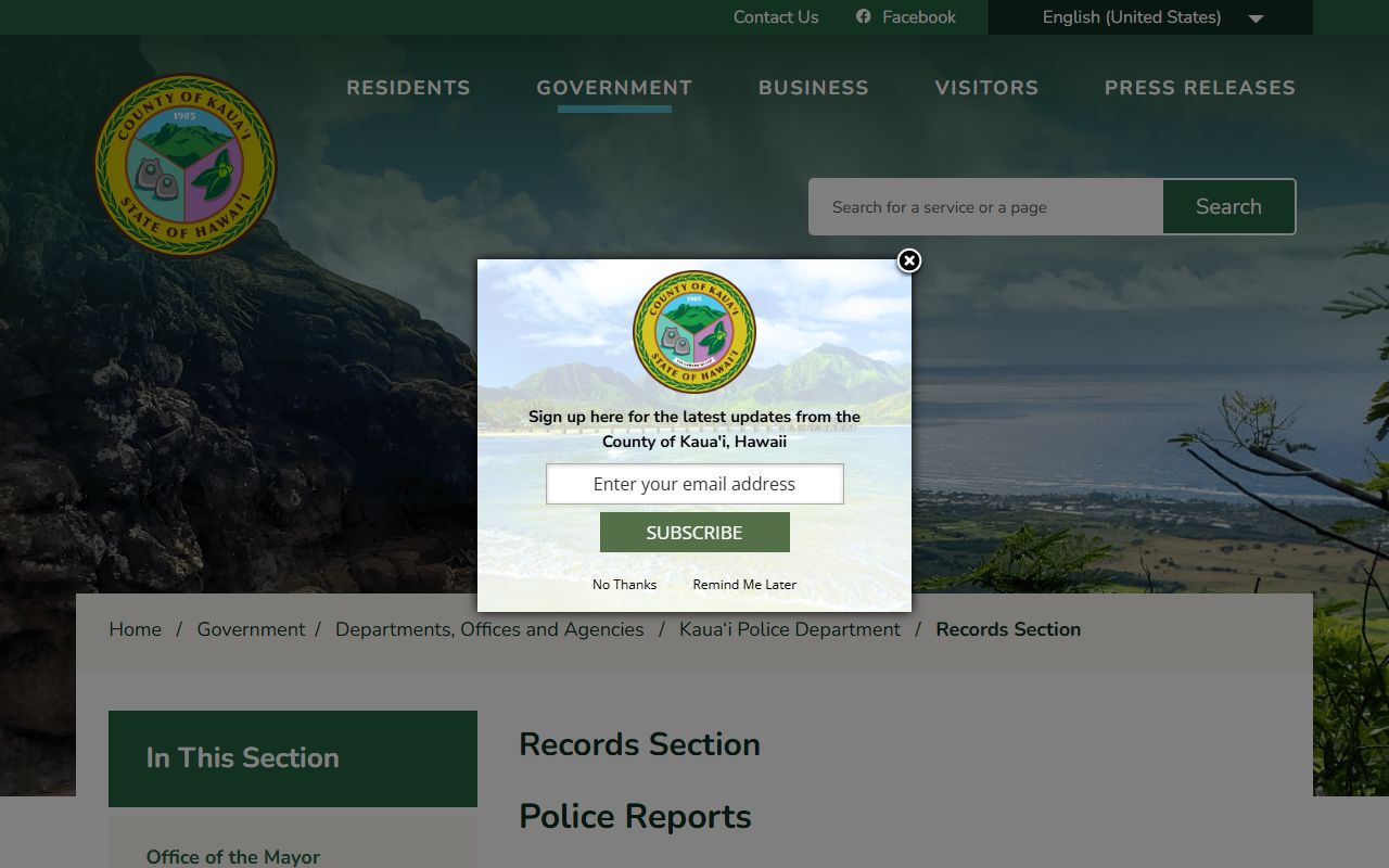 Kauai County DUI records - Kauai Police Department Records Section page