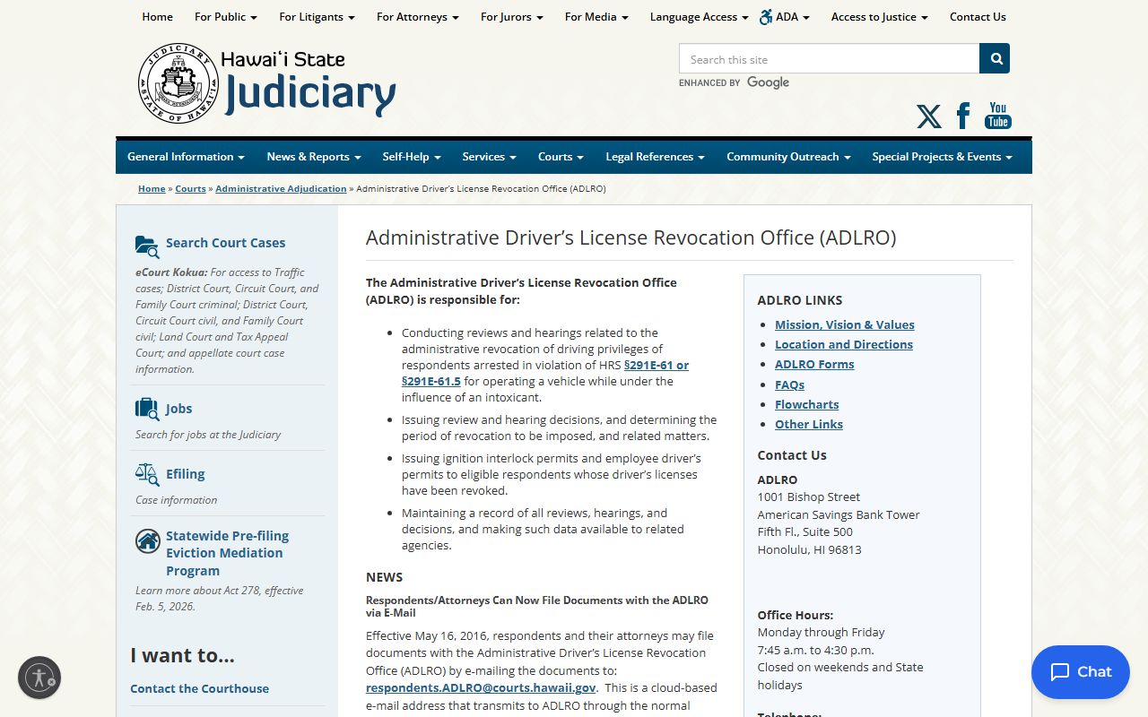Hawaii ADLRO administrative driver license revocation DUI records